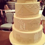 This wedding cake at the San Francisco Wedding Fair tells the love story of the couple.
