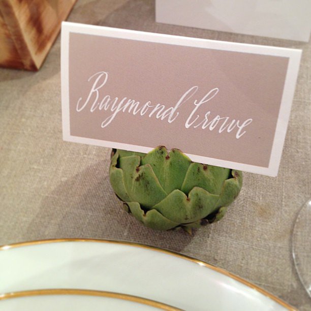 Artichokes as place card holders. Love. Spotted at the White Label wedding preview.
