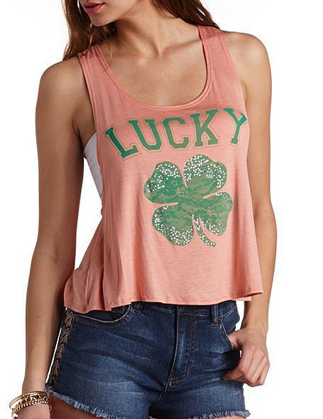 Charlotte Russe lucky shamrock cropped swing tank top ($18)
