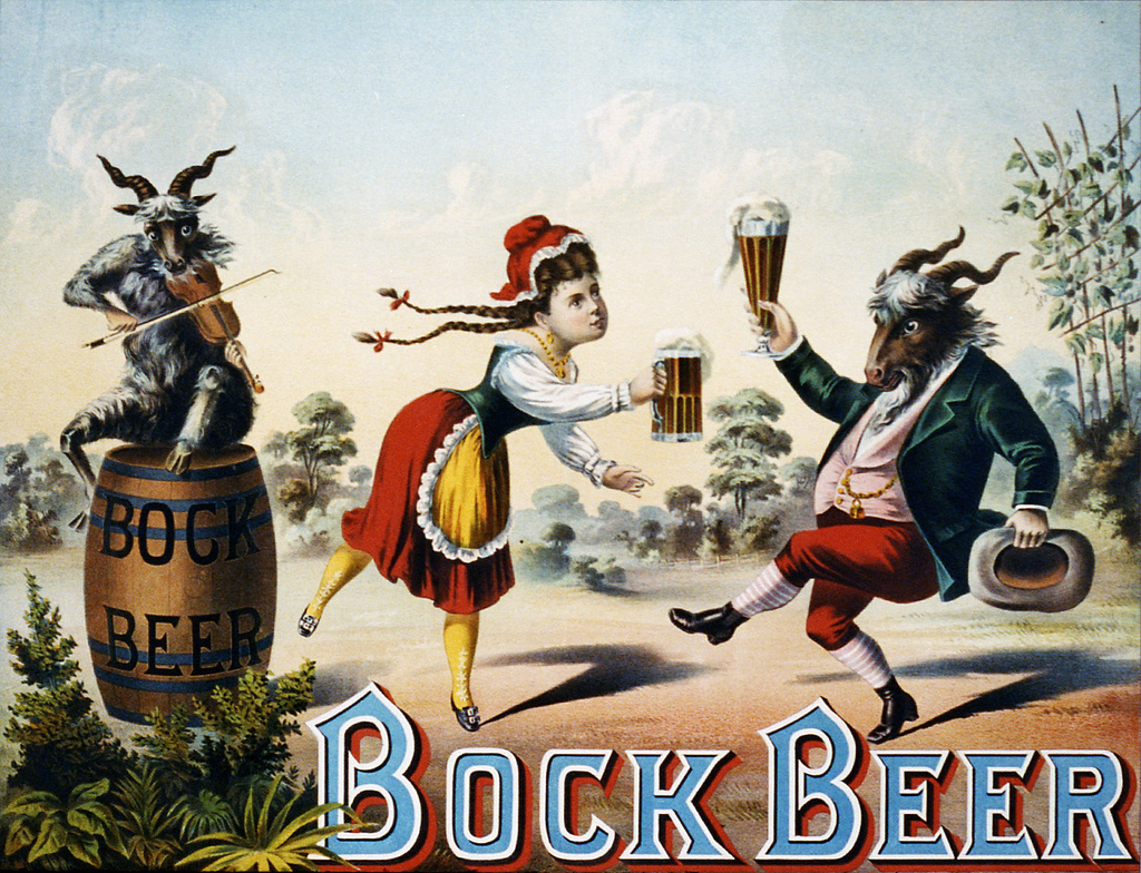 In this 1882 ad, a barmaid enjoys a stein of Bock Beer with her pal — a dressed-up goat. 
