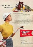 A sporty woman who enjoys beer? If only we could see something like this 1952 Miller ad today. The copy tells you that this woman "knowingly selects Miller High Life . . . the Champagne of Bottle Beer." 
