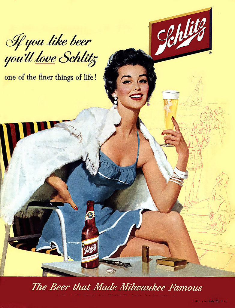 This 1954 ad says Schlitz is the beer that made Milwaukee famous, and hopefully it will make you look this glamorous in a swimsuit, too! 
