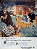 This 1950s ad for the entire beer industry makes a more subtle appeal to women. It shows a couple enjoying a regular night at home, with matching his and her beers and smiles. 
